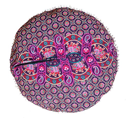 Rastogi Handicrafts 32" COR Mandala Floor Pillow Cushion Seating Throw Cover Bohemian Ottoman Poufs, Pom Pom Pillow Cases,Boho Indian (Purple 1) - color: Purple 1