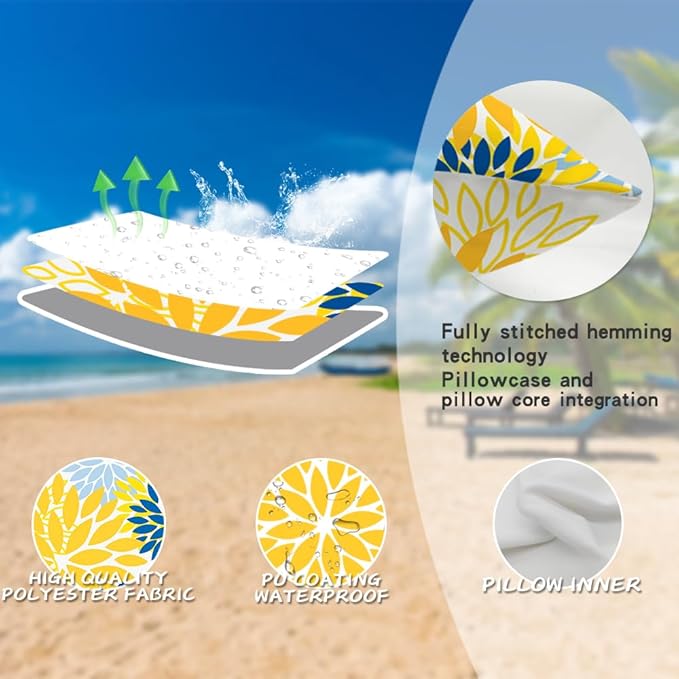 DFXSZ Yellow Blue Flower Pillow Covers 16x16 Inch Set of 2 White Gray Colored Throw Pillows Outdoor Waterproof Decor for Living Room Sofa Patio Funiture Garden Floral Polyester Pillow Covers 002J16
