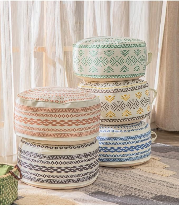 MOCOFO Unstuffed Round Pouf Covers Boho Colorful Geometric Ottoman Pouf Cover with Handle Design,Decoration Footstool for Living Room,Bedroom,Patio (Light Green,18x18x8)