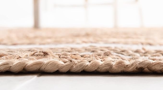 Unique Loom Braided Jute Collection Classic Quality Made Natural Hand Woven with Coastal Design Area Rug (8' 0 x 8' 0 Round, Natural/ Ivory)