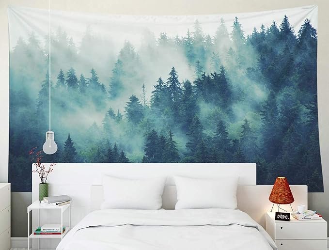 EMMTEEY Forest Tapestry Wall Art - Misty Pine Tree Landscape with Foggy Mountain, Large 92.5x70.9 Inch Nature-Themed Decor for Living Room Bedroom Indoor Spaces
