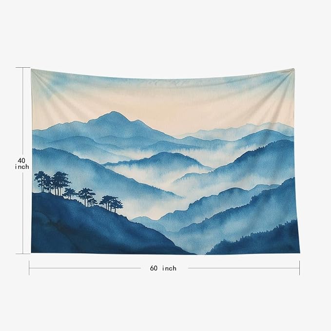 EMMTEEY Mountain Tapestry Blue Ink Cloudy Mountains 60X40 Inch Small Tapestry Wall Art Hanging Tapetries for Bedroom Living Room Dorm Décor