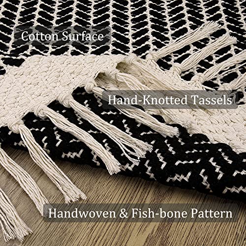 Lahome Belle Boho Bathroom Rugs, Small 2x3 Front Door Mat Lightweight Kitchen Rug Woven Cotton Area Rug with Tassels, Farmhouse Washable Black and White Throw Rug Low Pile Carpet for Entry Laundry - color: Black, size: 2' x 3' (Rectangular)