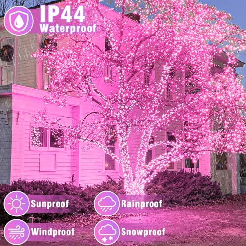 100FT 300 LED Outdoor String Lights, Plug in Connectable Christmas Lights Indoor Waterproof, 8 Modes Clear Wire String Lights for Outside Bedroom Wedding Garden Patio Party Decorations, Pink - color: Pink, size: 100ft 300LED