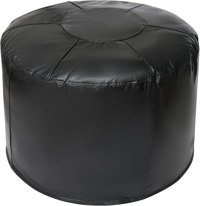 Unstuffed Ottoman Pouf Cover 20 X 15 Inch, Round Pu Leather Foot Stool, Floor Bean Bag(No Filler), Foot Rest with Storage for Living Room/Bedroom/Office, Black