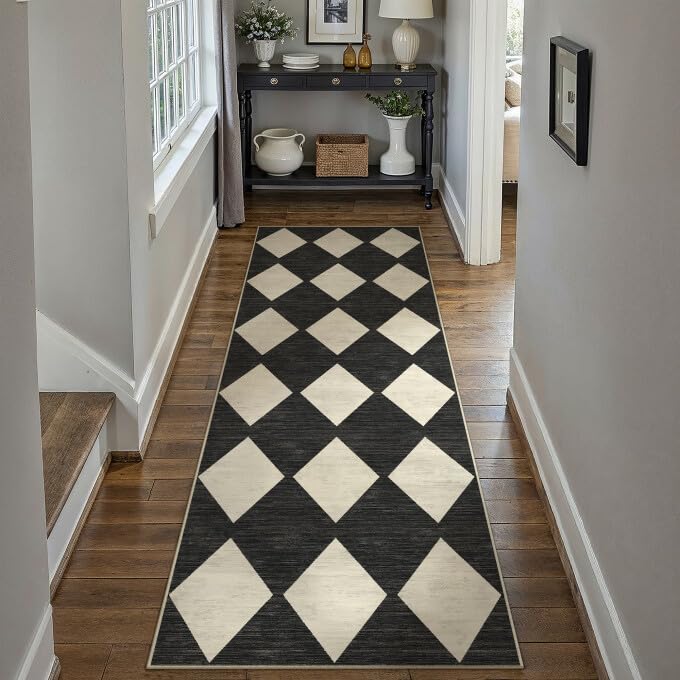 PureCozy Checkered 2x6 Runner Rug for Hallways Black and White Washable Long Carpet Non-Slip Low Pile Modern Soft Indoor Accent Throw Rugs for Entrance Kitchen Bedroom Dining Laundry - color: Checkered Black, size: 2' x 6' (Runner)