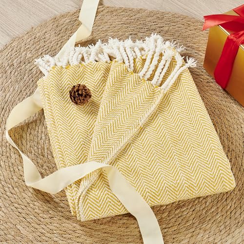Herringbone Knitted Two Tone Throw Blankets with Braided Tassel Fringe, Boho Farmhouse Lightweight Turkish Throw Blanket for Couch Bed Sofa, Picnic, Yoga, Outdoor Blanket, 50 x 60 Inch, Yellow - color: Yellow