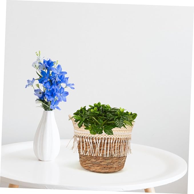 Toyvian Rustic Handwoven Plant Basket with Tassel Natural Grass Rope Indoor Planter Decorative Floral Container with Built in Leak Liner for Living Bedroom Office Boho Farmhouse Style