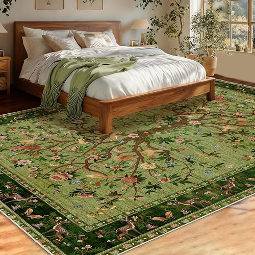 Green 8x10 Area Rugs, Machine Washable Non-Slip Rug, Boho Floral Botanical Soft Low Pile Throw Rugs for Living Room, Bedroom, Dining Room, Office - color: Green, size: 10' x 8' (Rectangular)