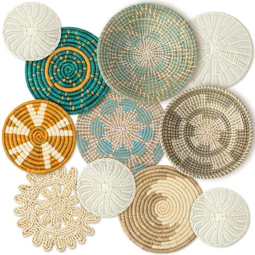 Tatuo 11 Pcs Boho Wall Basket Decor Bulrush Woven Wall Hanging Art Round Farmhouse Rustic Handmade Wicker for Summer Home, Bedroom, Living Room, Kitchen Decorations, Multi Sizes(Bright) - style: Bright