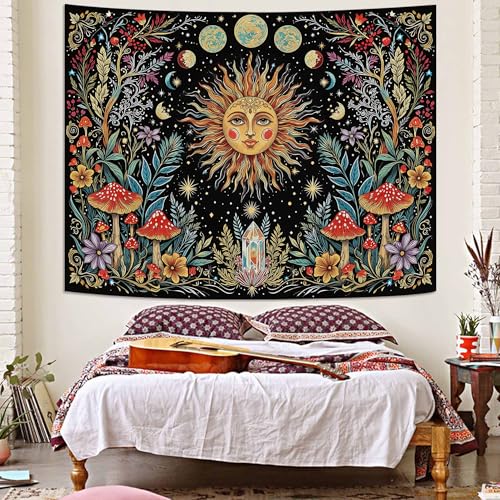 Accnicc Boho Sun and Moon Tapestry Hippie Mushroom Floral Wall Tapestry for Bedroom Aesthetic Vintage Plant Celestial Spiritual Small Tapestries Wall Hanging for Dorm Living Room Decor 48 x 36 Inch - color: Yellow Red, size: 48"L x 36"W
