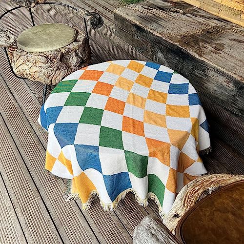 LumiSyne Cotton Woven Throw Blanket With Tassel Bohemian Tribal Ethnic Style Geometric Pattern Aztec Navajo Blanket Decorative Throw For Sofa Bed Armchair Camping Tapestry Tablecloths Carpet 160x130cm - color: Colorful Checkerboard Plaid