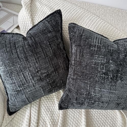 OYIMUA Black 16x16 Chenille Pillow Covers Set of 2 | Farmhouse Decorative Textured Pillow Cases for Living Room Couch & Bed | Soft Luxury Accent Throw Pillows with Elegant Design - color: Black, size: 16" x 16" (Pack of 2)