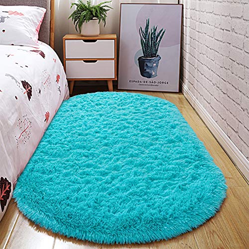 junovo Ultra Soft Washable Shaggy Rug - Non-Slip Oval Carpet for Nursery, Kids Bedroom & Home Decor (2.6x5.3ft Teal Blue) | Plush Fluffy Floor Mat for Cozy Living Spaces - color: Teal Blue, size: 2.6' x 5.3'