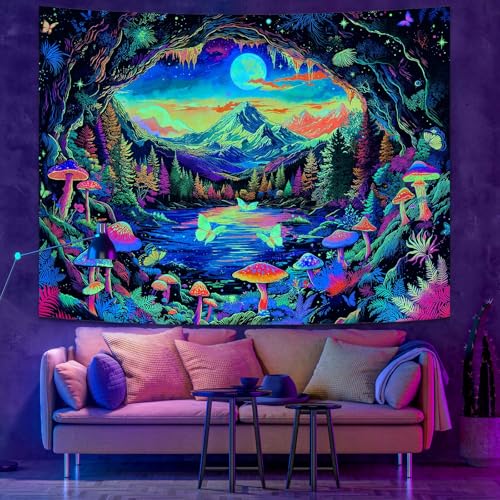 Zussun Blacklight Mushroom Forest Tapestry UV Reactive Nature Mountain Moon Butterfly Tapestry for Bedroom Aesthetic Landscape Small Tapestries Wall Hanging for Dorm Living Room Decor 60 x 44 Inch - color: Warm Yellow, size: 60"L x 44"W