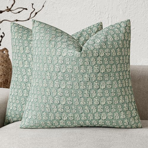 Foindtower Set of 2 Decorative Vintage Floral Print Throw Pillow Covers Neutral Modern Farmhouse Cushion Covers Boho Home Decor for Sofa Couch Chair Bedroom Living Room Outdoor,20×20 Inch,Aqua Blue - color: Aqua Blue, size: 20" x 20" (Pack of 2)