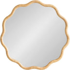 Kate and Laurel Rahfy Boho Scalloped Round Rattan Mirror, 32 Inch Diameter, Natural Wood, Decorative Round Wavy Mirror with Authentic Rattan Frame for Boho Wall Decor