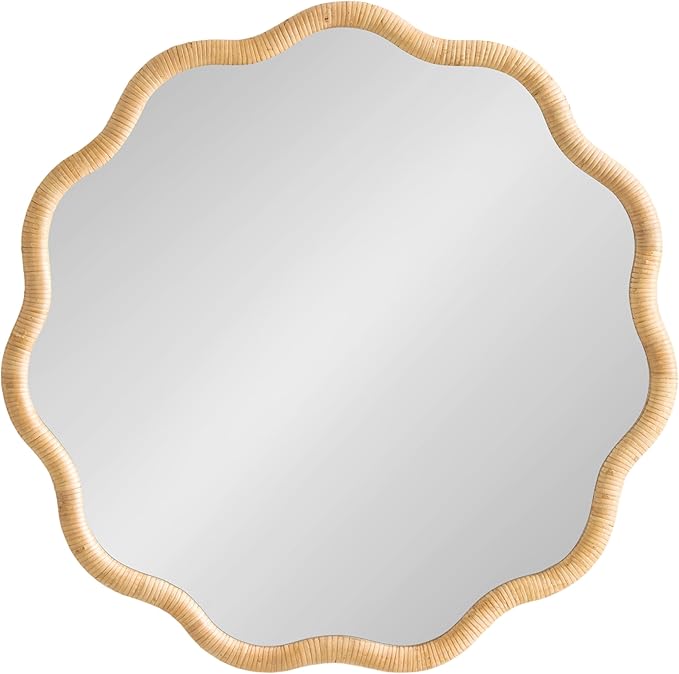 Kate and Laurel Rahfy Boho Scalloped Round Rattan Mirror, 32 Inch Diameter, Natural Wood, Decorative Round Wavy Mirror with Authentic Rattan Frame for Boho Wall Decor