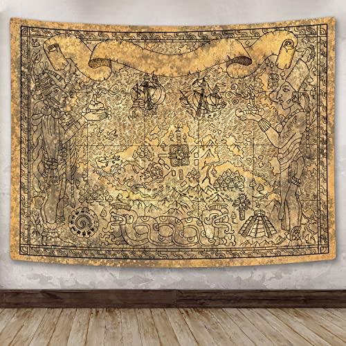 Ancient Mayan Civilization Tapestry - Vintage Aztec Map With Gods, Old Ships, Temple, Brown Symbols - Wall Hanging for Bedroom, Living Room, Dorm - Home Decor Mandala - 60X40 - color: Brown