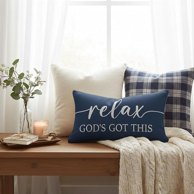 Decorative Throw Pillow Covers 12x20 Inch Set of 2 – Blue Christian Lumbar Pillowcase – Give It to God and Go to Sleep/Relax God’s Got This – Faith Bedroom Bed Decor