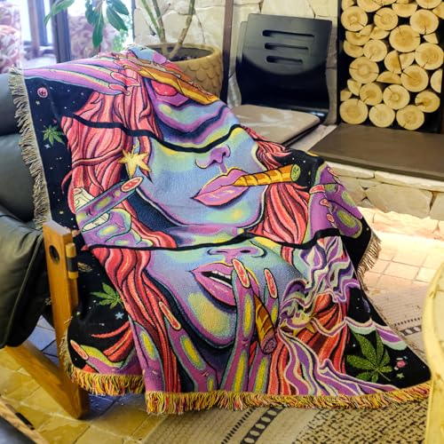 Trippy Throw Blanket for Couch Bed Lounge Chair Hippy Trippy Boho Chair Throw Blanket Hippie Hippy Wall Tapestry Woven Throws Blankets Smoking Weed Accessories Marijuana Cannabis Boho Room Decor 51x59 - color: Woven Cool Girl