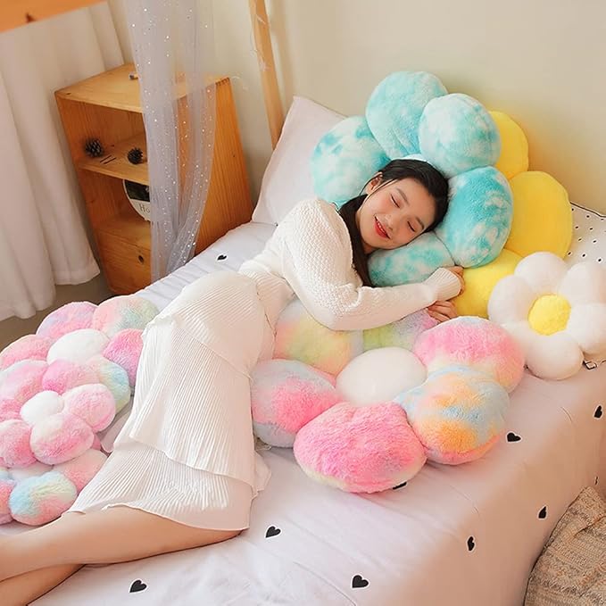 lannery Flower Plush Throw Pillows, Flower Floor Pillow Seating Cushion Toy for Reading, Room, Watching TV (19.7", White-2)