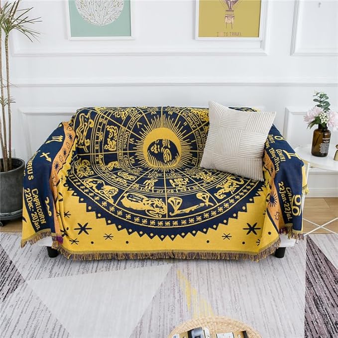 Boho Throw Blankets Woven Reversible Cotton Bohemian Tapestry Hippie Room Decor Witchy Astrology Zodiac Celestial Constellation Carpet Bed Recliner Chair Couch Sofa Cover Double Sided 70"x90"