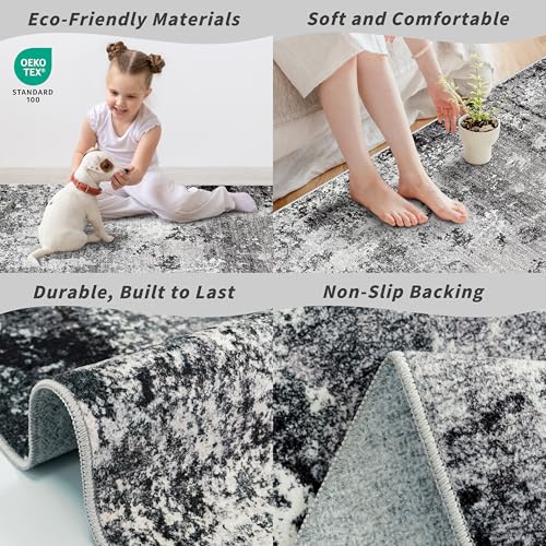 2x5 Washable Kitchen Rug Runner – Non-Slip Abstract Modern Small Rug for Bathroom,Hallway, Bedroom, Laundry Room, Entryway – Soft Low-Pile Thin with Rubber Backing (Black Grey, 2x5) - color: Black Grey, size: 2' x 5' (Rectangular)