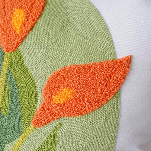 vctops Farmhouse Calla Lily Cotton Tufted Throw Pillow Cover Spring Floral Embroidery Pillowcase Soft Square Cushion Case for Sofa Couch Bed Chair (Orange C,18"x18") - color: Orange C