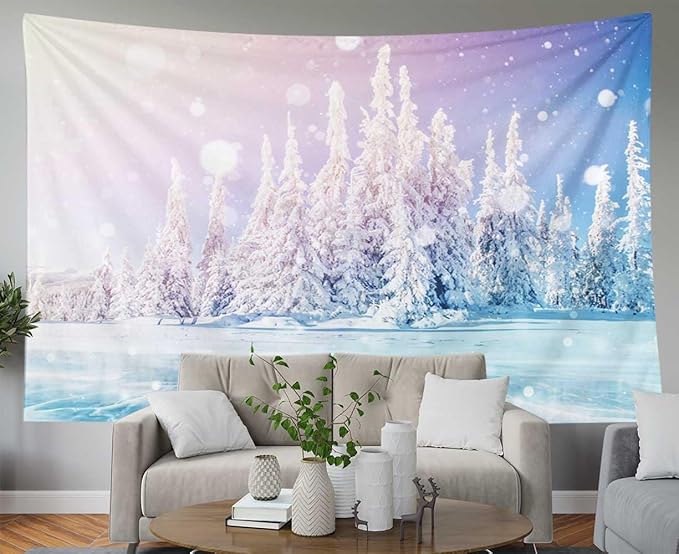 EMMTEEY Enchanted Forest Landscape Art - Blue Ice Lake Frozen Magical Snow Tree Tapestry - 60x40, Perfect for Living Room