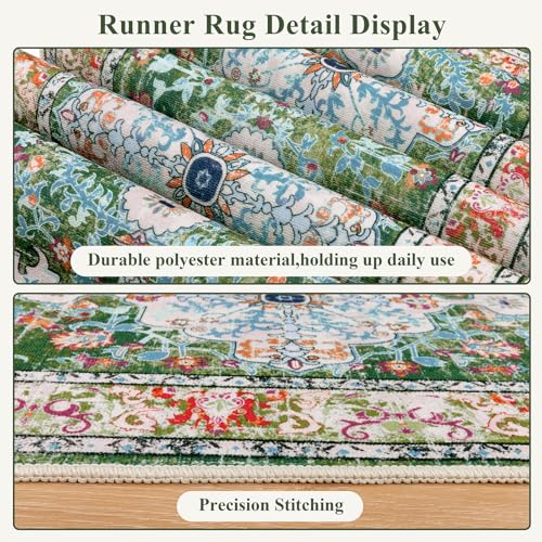 U'Artlines 2' x 5' Boho Hallway Runner Rug, Non Slip Washable Vintage Farmhouse Accent Area Rug Carpet for Kitchen Entryway Laundry and Living Room (Green) - color: Green, size: 2' x 5' (Runner)