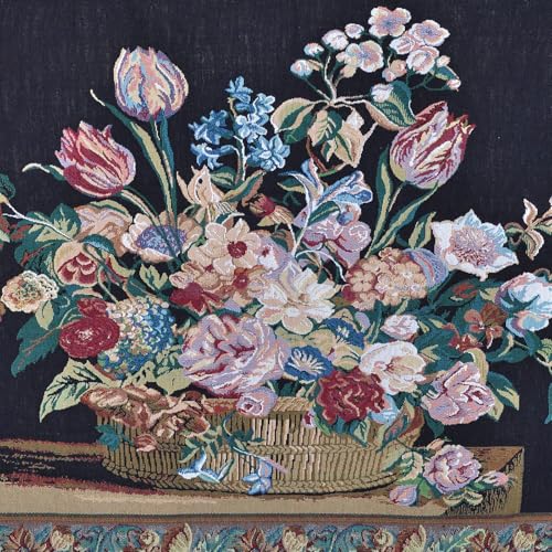 AureoMadis Vintage Woven Tapestry Wall Hanging - Victorian Style Floral Bouquet Jacquard Art, Classic Still Life Flower Basket Decor for Living Room, 36.5 x 28 Inch - color: Dark：Flower Basket Scene