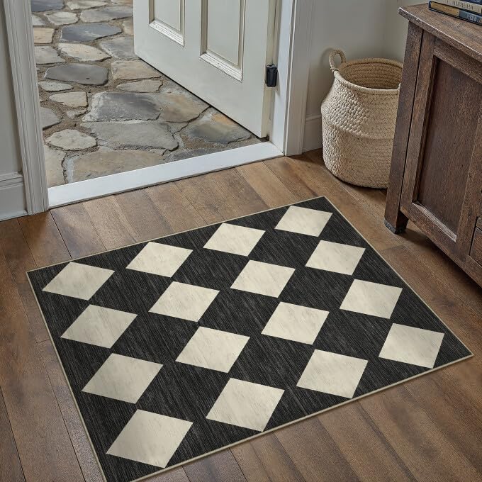 PureCozy Machine Washable 2x3 Area Rugs for Entryway Modern Soft Black and White Checkered Indoor Door Mats Non-Slip Stain Resistant Low Pile Accent Small Rug for Bedroom Kitchen Laundry Entrance - color: Checkered Black, size: 2' x 3' (Rectangular)