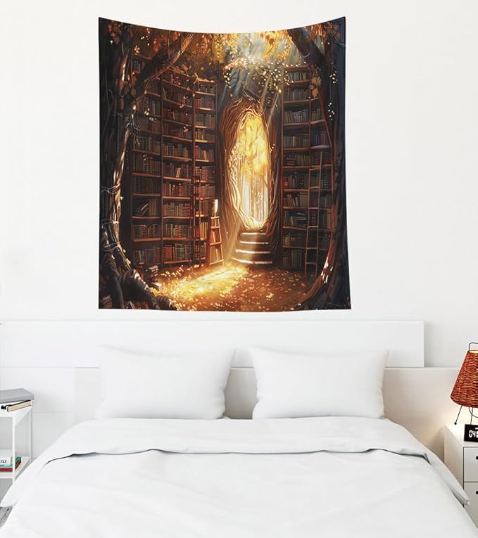 EMMTEEY Enchanting Library Tapestry 50X60 Inch - Fairytale Bookshelf Room Wall Decor Fantasy Medieval Backdrop for Living Room Dorm