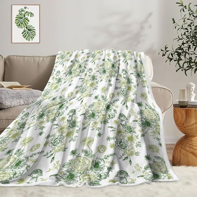 Green Floral Throw Blanket, Botanical Floral Blanket, Soft, Flannel, Warm, Boho Floral Bed Blanket All Season Floral Throw Blanket for Couch Bedroom Living Room 50X70 Inch