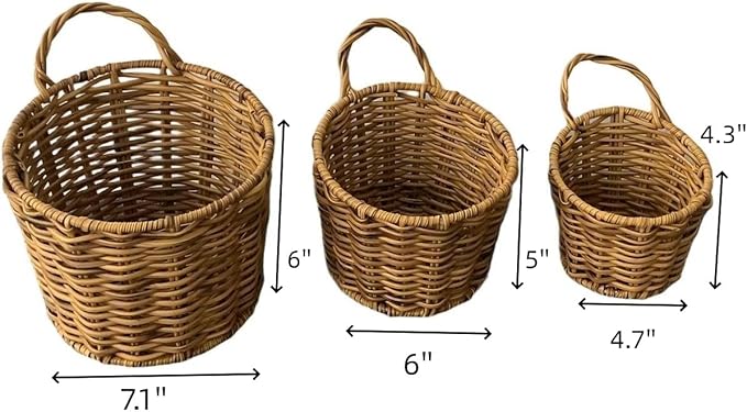 Handwoven Hanging Wall Baskets Set of 3 – Natural Rattan-Style Woven Storage Baskets with Handles, Multi-Size 7”/6”/5” for Kitchen, Fruit, Garlic, or Home Décor Organization