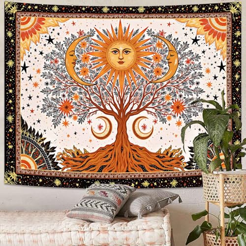 Spenlife Tree of Life Tapestry, Sun and Moon Celestial Tapestries for Bedroom, Boho Wall Decor, Witchy Tapestries (60" x 44") - color: Green White, size: 60"L x 44"W