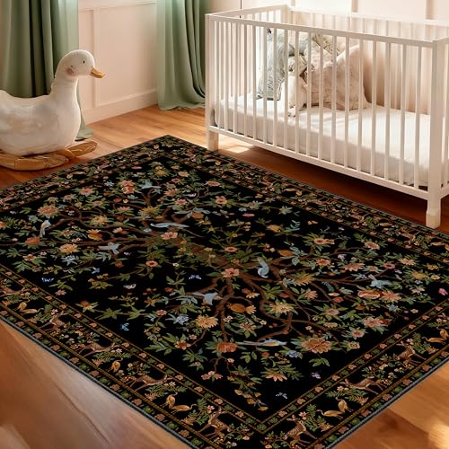 Black Area Rug 3x5 Washable, Non-Slip Small Rug Carpet, Floral Boho Low Pile Soft Throw Rugs for Entryway, Bedroom, Kids Room, Dorm, Office, Nursery, Vintage Home Decor - color: Black, size: 5' x 3' (Rectangular)