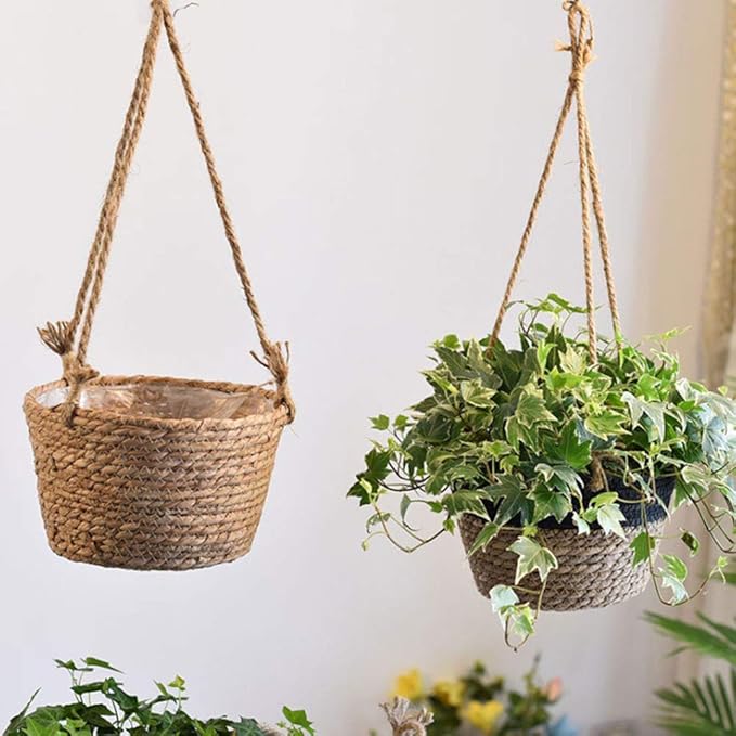 WYSRJ 8inch Jute Rope Hanging Planter Woven Plant Basket Macrame Plant Hangers Plant Holder Basket Decorative Storage Baskets for Plants Pots Home Decor