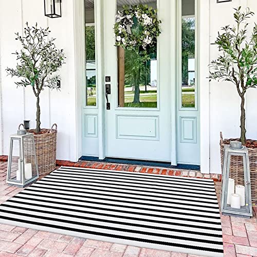 Bottalive Black and White Outdoor Rug 3' x 5' Striped Front Porch Rug Hand-Woven Cotton Rug Machine Washable Floor Mat Indoor/Outdoor Area Rug for Layered Door Mats/Farmhouse/Living Room (3' x 5') - color: Black&white Stripe Bb, size: 3' x 5' (Rectangular