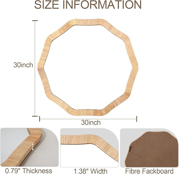 ULIKE Rattan Wicker Mirror for Bathroom, 30 Inch Boho Woven Decorative for Wall, Rustic Farmhouse Vanity Mirror, Large Geometric Rattan Mirrors for Living Room Entryway Bathroom Bedroom
