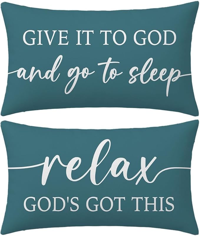 Decorative Throw Pillow Covers 12x20 Inch Set of 2 – Dusty Teal Christian Lumbar Pillowcase – Give It to God and Go to Sleep/Relax God’s Got This – Faith Bedroom Bed Decor
