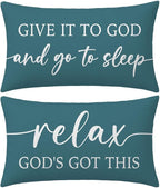 Decorative Throw Pillow Covers 12x20 Inch Set of 2 – Dusty Teal Christian Lumbar Pillowcase – Give It to God and Go to Sleep/Relax God’s Got This – Faith Bedroom Bed Decor