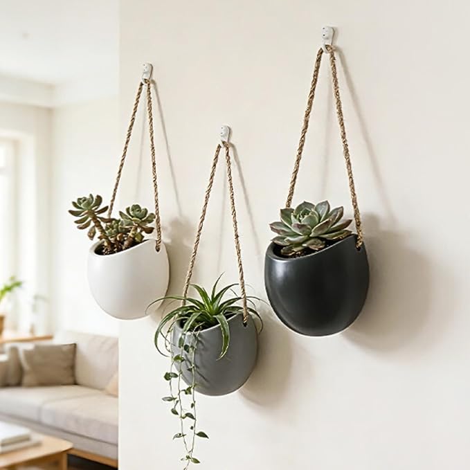 Set of 3 Ceramic Hanging Planters for Small Plants & Artificial Greenery, Wall Decor for Bathroom Living Room Bedroom Home Office Corridors
