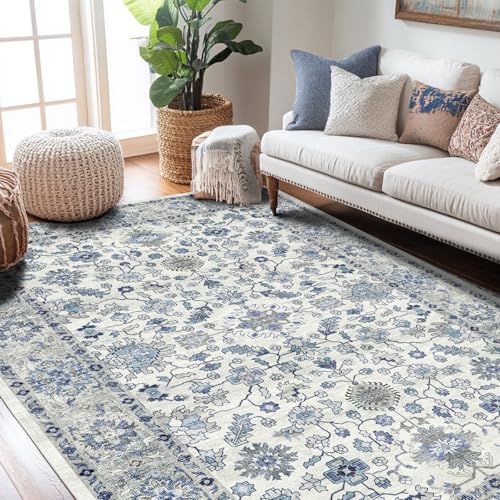 Area Rug for Living Room 3x5, Machine Washable Vintage Oriental Soft Carpet, Low Pile Thin Floor Area Rugs with Non Slip Backing for Office Door Mat Kitchen Bathroom Indoor Dorm Dining Room - color: Blue, size: 3x5