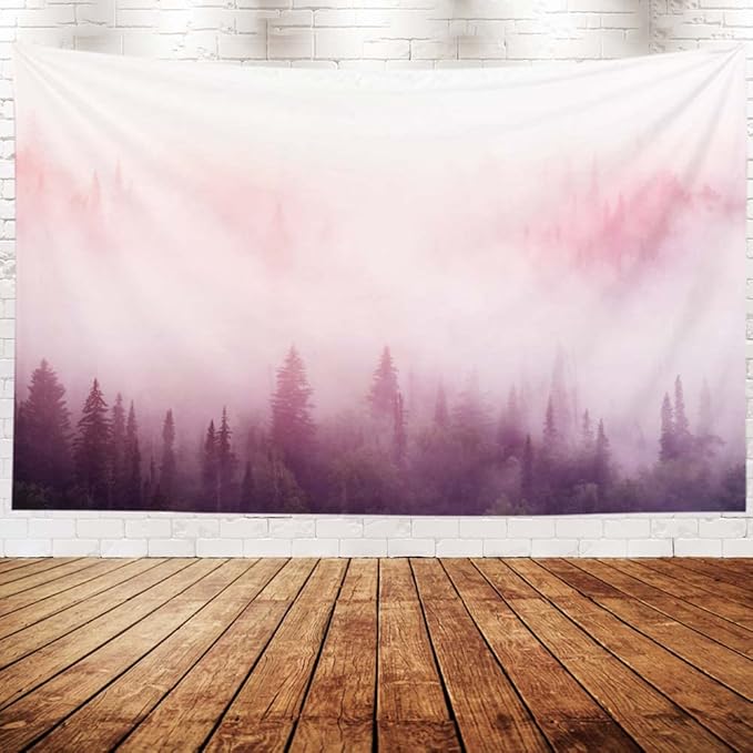 EMMTEEY Foggy Forest Tapestry Tree Tapestry Forest in the Pink Mist at Sunup Light Pink Tapestry 60X50 Tapestry