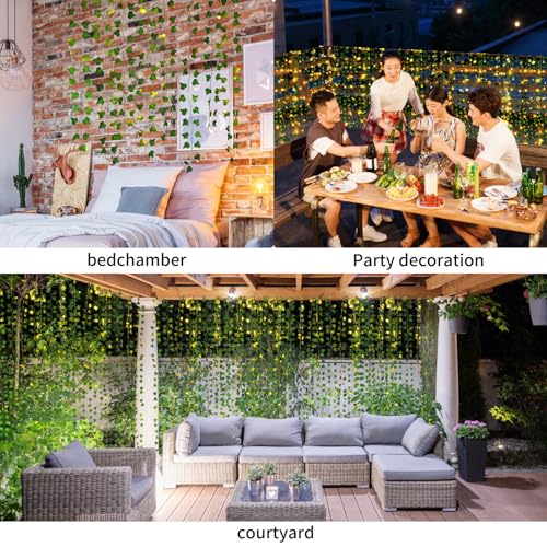 Freyalife Artificial Vines with LED Fairy Lights, 33ft Green Silk Ivy Garland, 8 Light Modes, Remote Control, Indoor Decor for Bedroom, Living Room, Wedding, Party - color: Ivy String Lights-Remote controlled, size: 12Pack Vines-80LED
