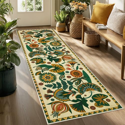 Joydeco Egypt Floral Washable Runner Rug for Hallway Entryway, Boho 2x8 Beige Bathroom Kitchen Runner Rugs Non Skid Washable, Vintage Non Slip Throw Carpet for Laundry Room Entrance - color: Beige, size: 2'7" x 8' (Runner)