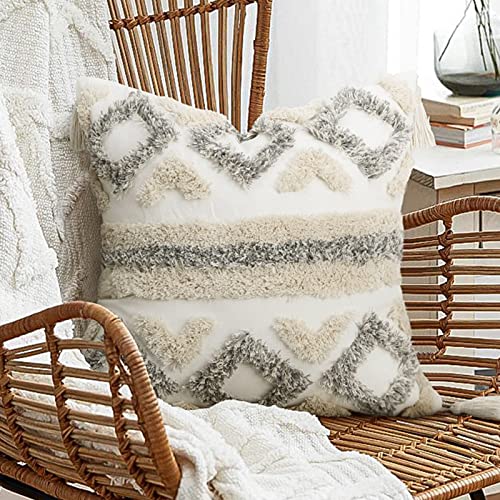 Merrycolor White Grey Boho Pillow Covers 20x20 with Tassels Tufted Decorative Gray Throw Pillows Neutral Modern Accent Pillowcase Farmhouse Square Cushion Covers for Couch Sofa Bedroom Living Room - color: Grey and White 2, size: 20" x 20" (Pack of 1)