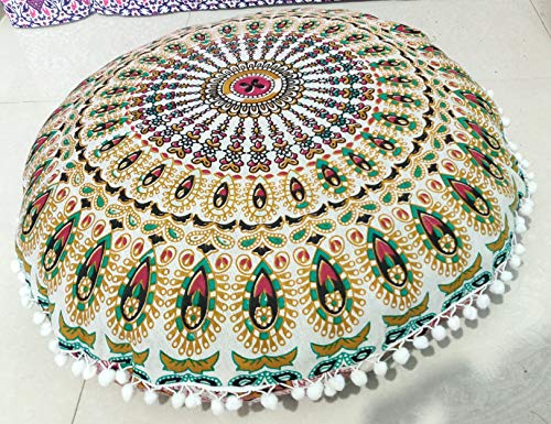 INDIAN CRAFT CASTLE 24" Musturd Peacock Mandala Barmeri Large Floor Pillow Cover Cushion Meditation Seating Ottoman Throw Cover Hippie Decorative Zipped Bohemian Pouf Ottoman Pom Pom Cases 24" Round - color: Musturd, style: 24 Inch Round
